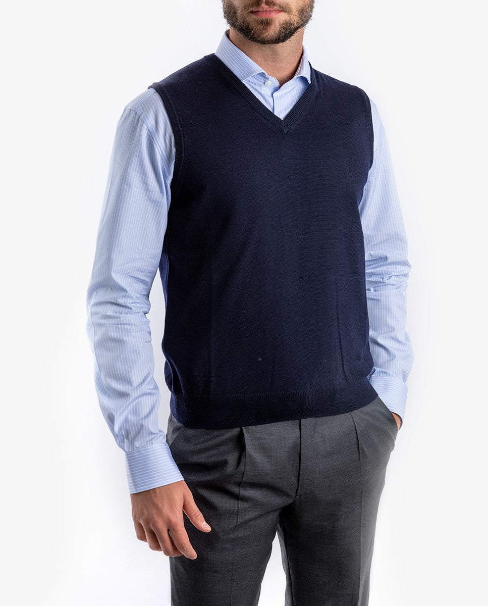 Dark Blue V Neck Sweater 100% Merino Wool