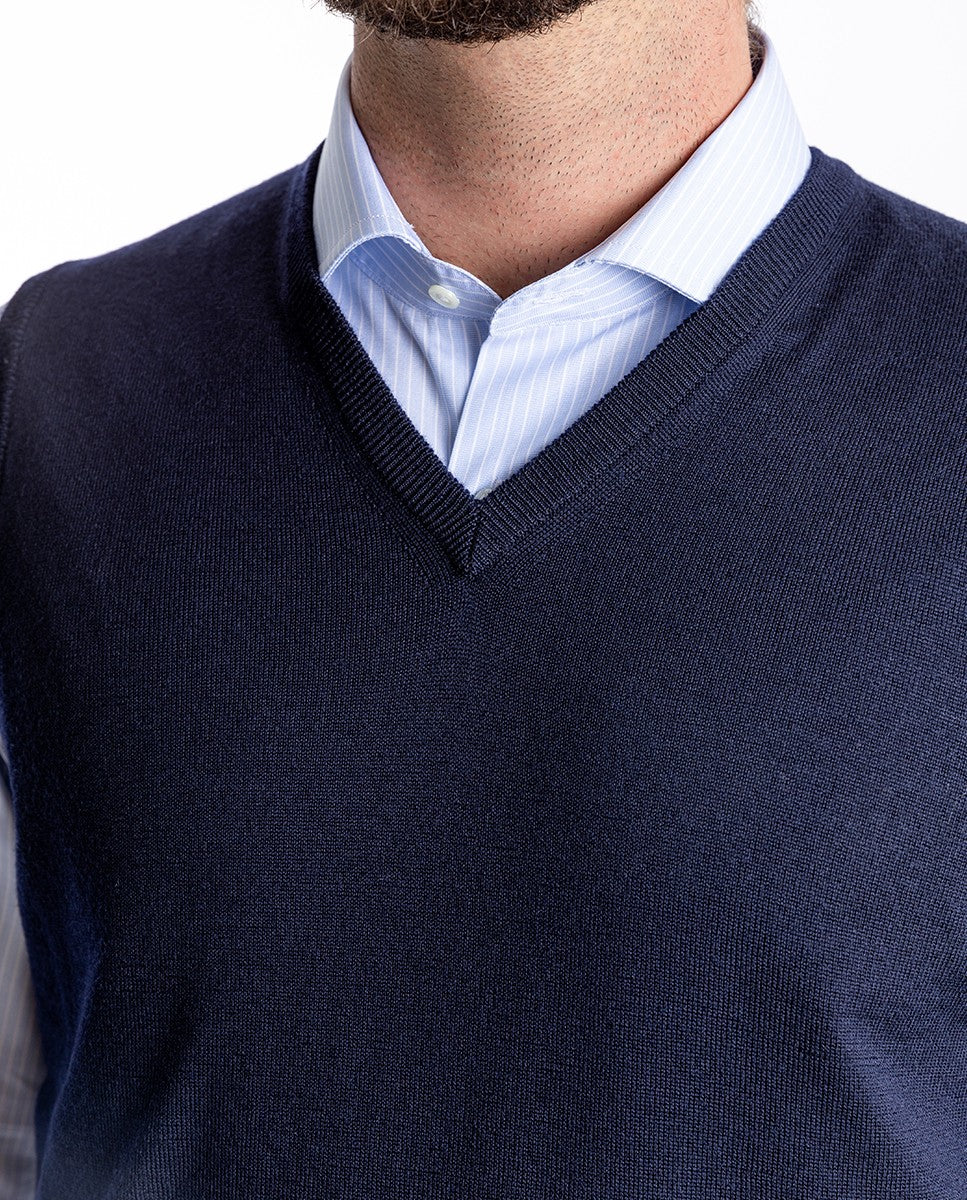 Dark Blue V Neck Sweater 100% Merino Wool