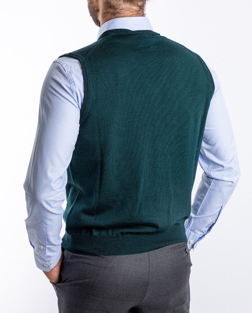 Camisola Decote em V Sem Mangas 100% Lã Merino em Verde
