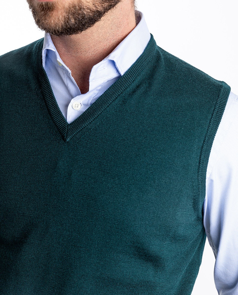 Camisola Decote em V Sem Mangas 100% Lã Merino em Verde