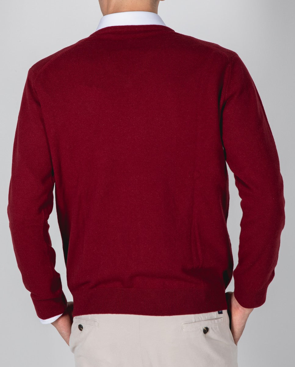 Camisola Decote em V 100% Caxemira em Encarnado Escuro