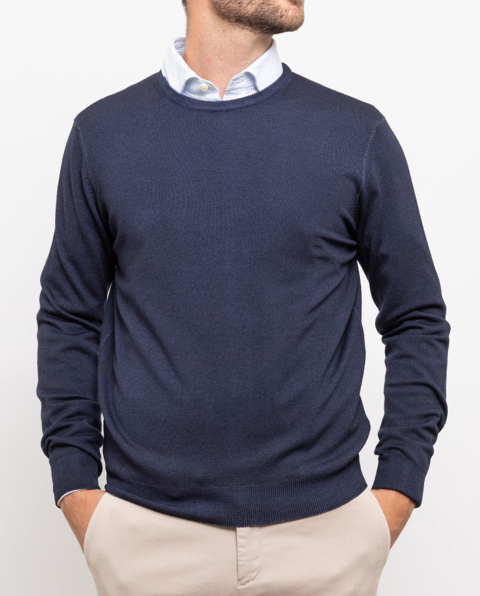 Dark Blue Crew Neck Sweater 100% Wool