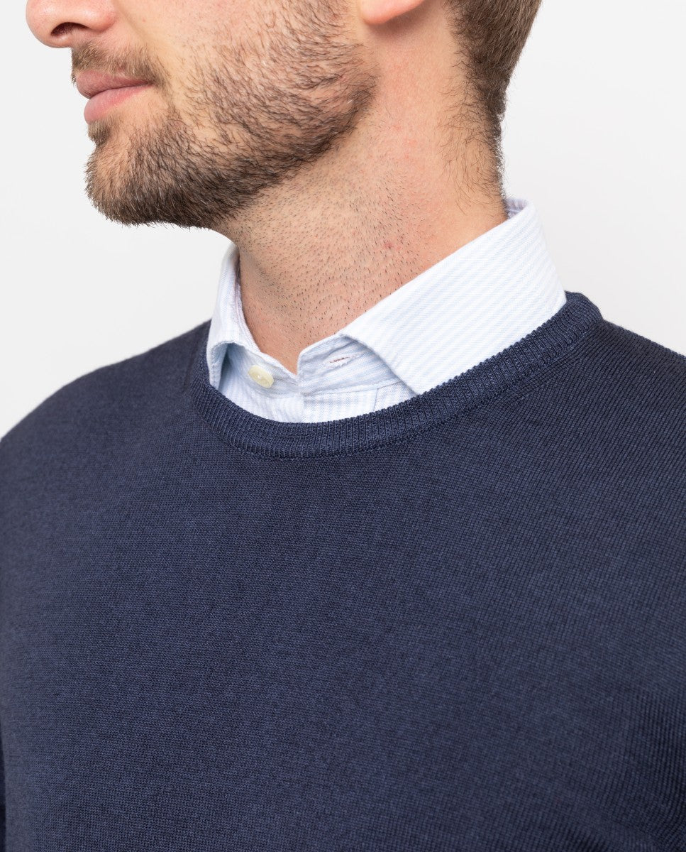 Dark Blue Crew Neck Sweater 100% Wool