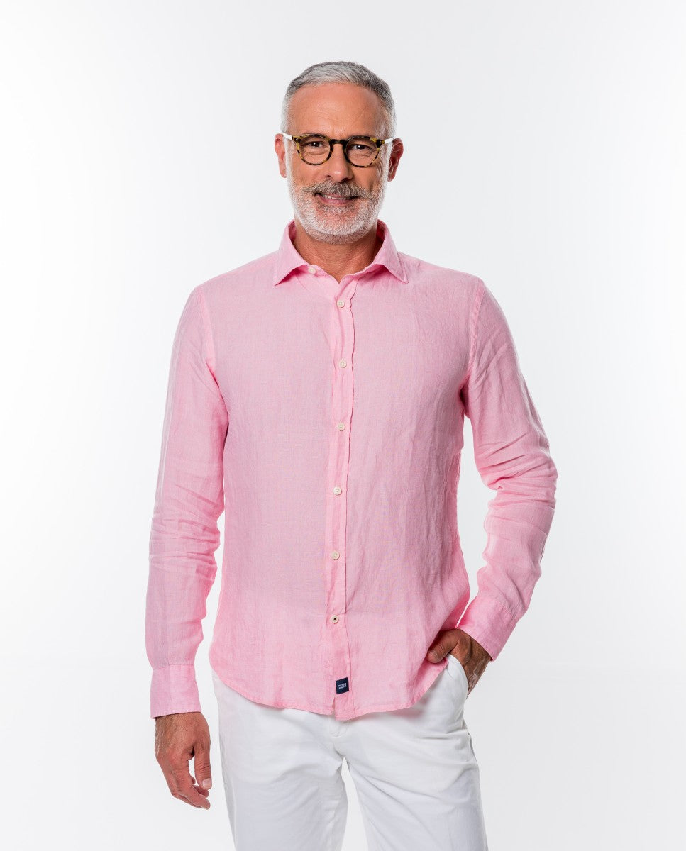 Camisa Casual 100% Linho em Cor-de-rosa Claro