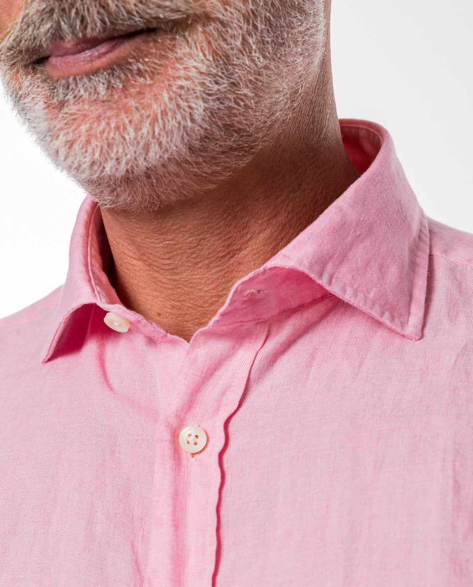 Camisa Casual 100% Linho em Cor-de-rosa Claro