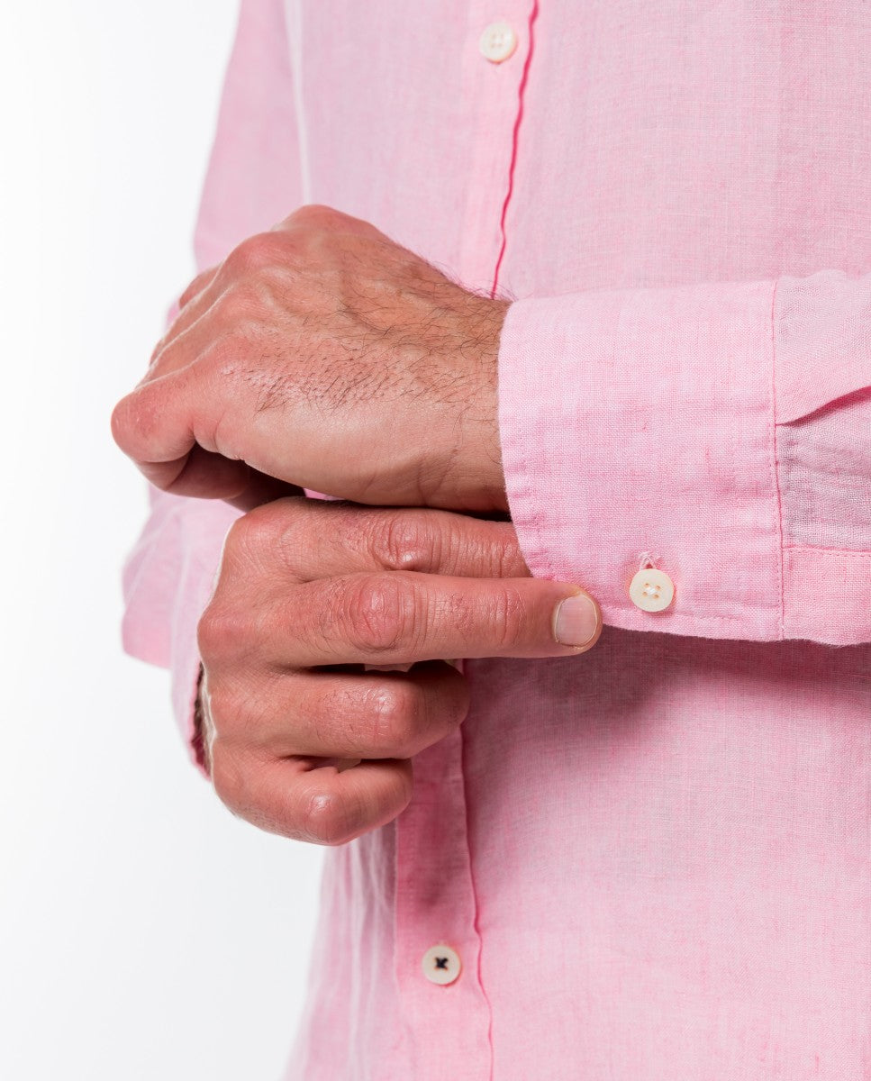 Camisa Casual 100% Linho em Cor-de-rosa Claro
