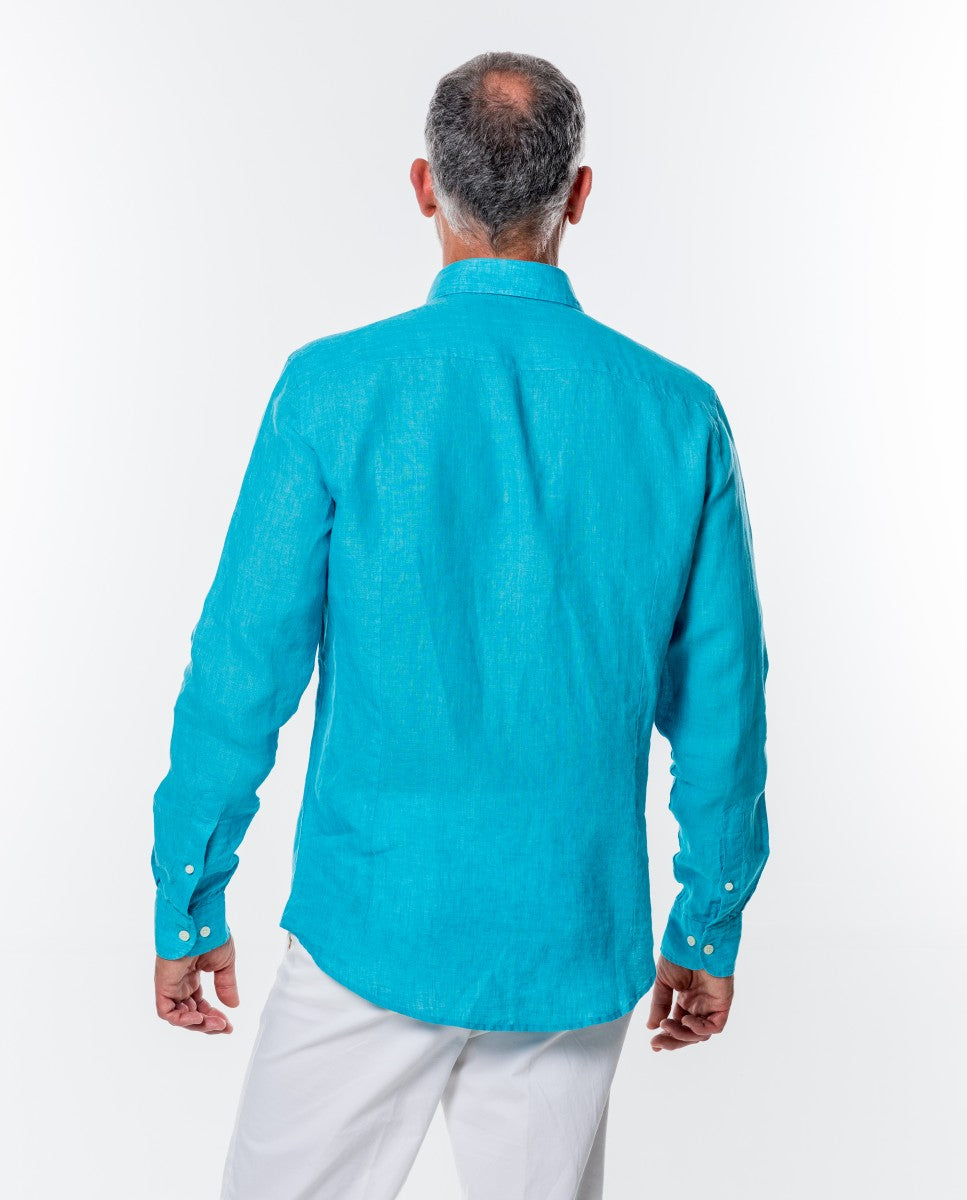 Camisa Casual 100% Linho em Azul Turquesa