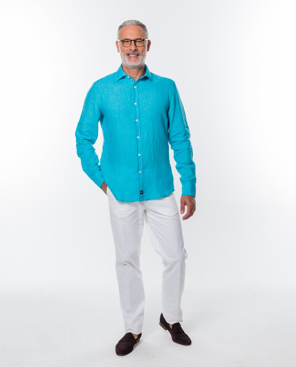 Camisa Casual 100% Linho em Azul Turquesa