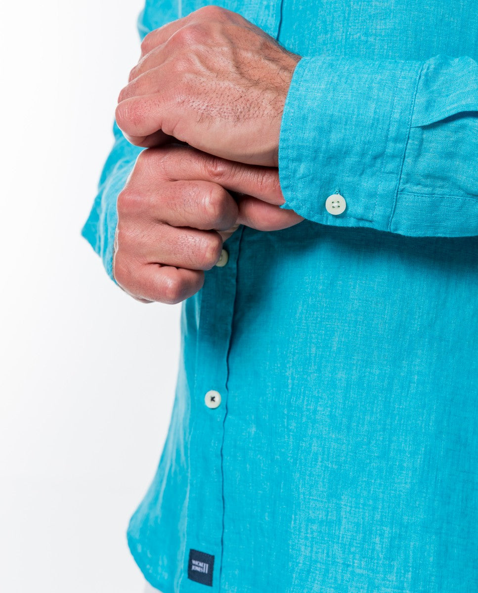 Camisa Casual 100% Linho em Azul Turquesa