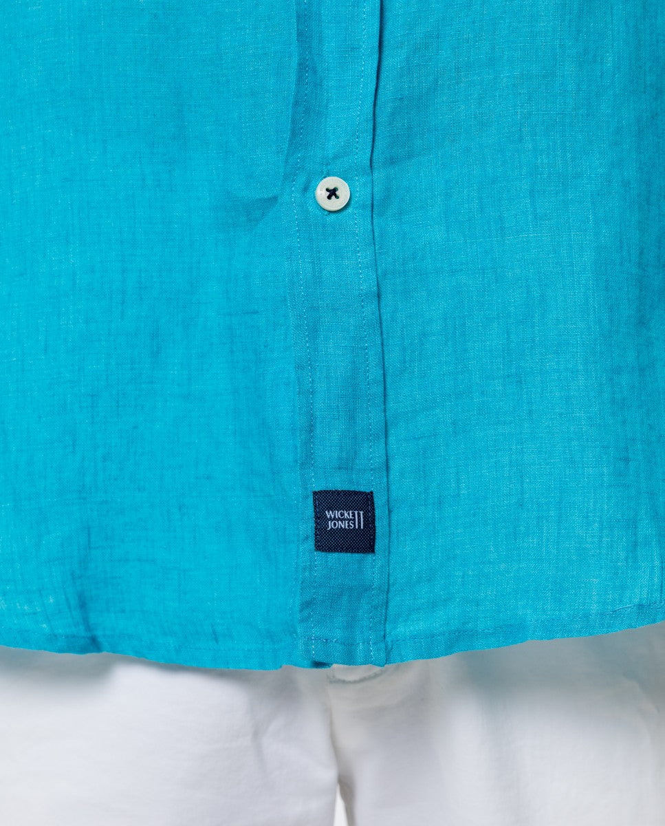 Camisa Casual 100% Linho em Azul Turquesa