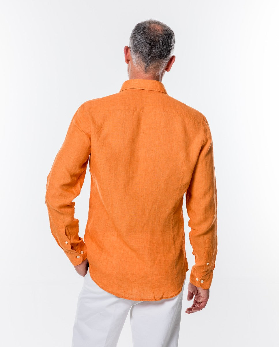 Camisa Casual 100% Linho em Cor de Laranja Escuro