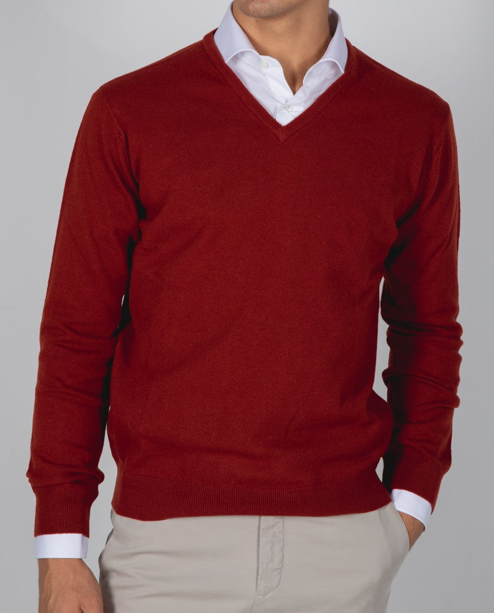 Camisola Decote em V em Encarnado Escuro