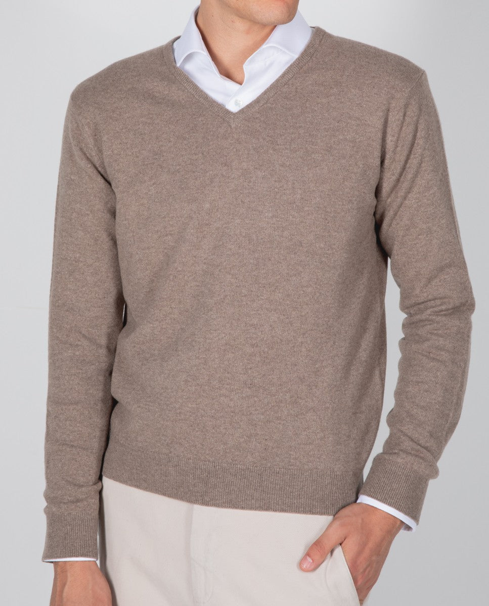Camisola Decote em V 100% Caxemira em Castanho