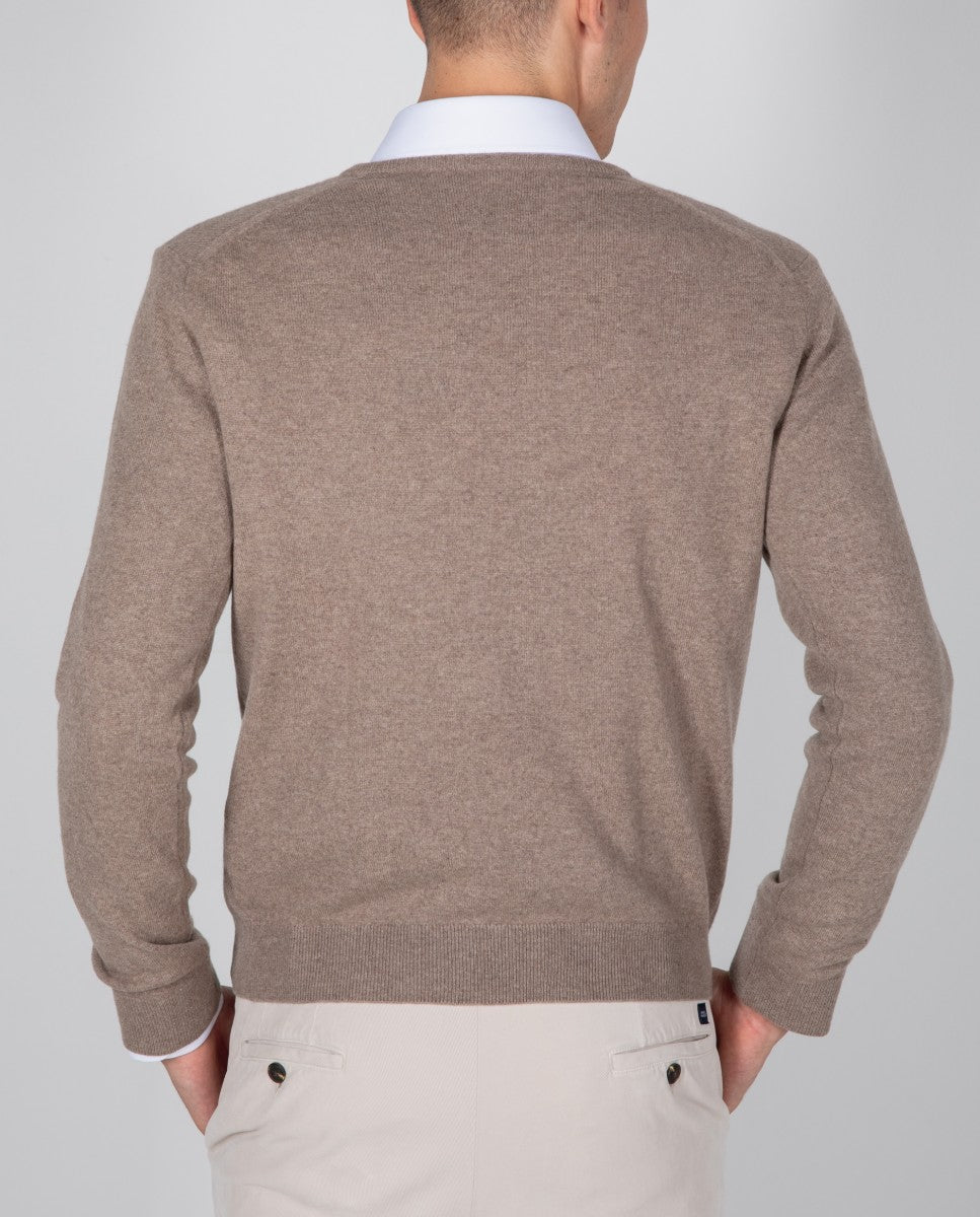 Camisola Decote em V 100% Caxemira em Castanho