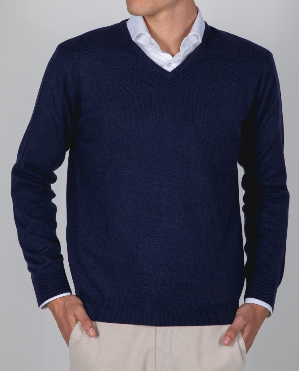 Camisola Decote em V 100% Caxemira em Azul Escuro