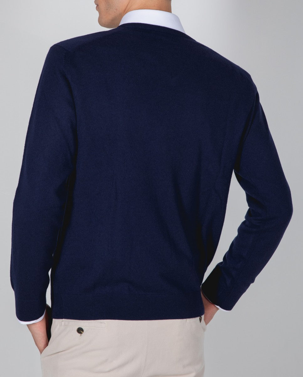 Camisola Decote em V 100% Caxemira em Azul Escuro