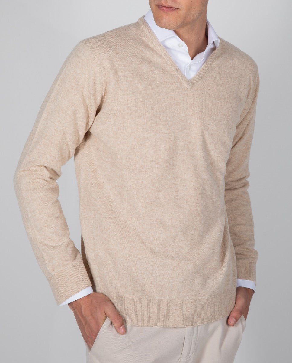 Camisola Decote em V em Bege Claro
