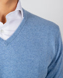 Camisola Decote em V 100% Caxemira em Azul Claro