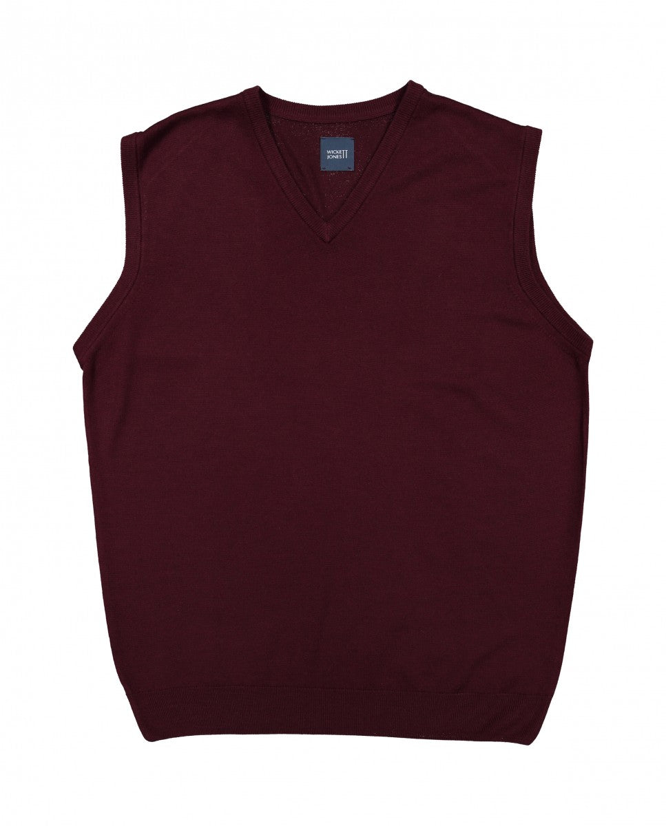 Camisola Decote em V Sem Mangas 100% Lã Merino em Bordeaux Escuro