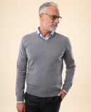 Camisola Decote em V 100% Lã Merino em Cinzento
