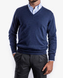 Camisola Decote em V 100% Lã Merino em Azul