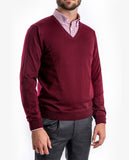Camisola Decote em V 100% Lã Merino em Bordeaux