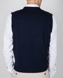 Camisola Decote em V Sem Mangas 100% Lã Merino em Azul Escuro
