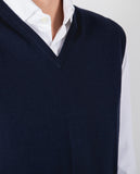 Camisola Decote em V Sem Mangas 100% Lã Merino em Azul Escuro