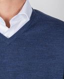 Camisola Decote em V 100% Lã Merino em Azul
