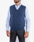 Camisola Decote em V Sem Mangas 100% Lã Merino em Azul Escuro