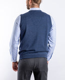 Camisola Decote em V Sem Mangas 100% Lã Merino em Azul Escuro