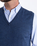 Camisola Decote em V Sem Mangas 100% Lã Merino em Azul Escuro