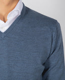 Camisola Decote em V 100% Lã Merino em Azul