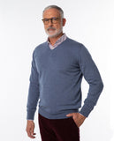 Camisola Decote em V 100% Lã Merino em Azul