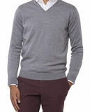 Camisola Decote em V 100% Lã Merino em Cinzento