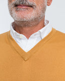 Camisola Decote em V 100% Lã Merino em Amarelo Escuro