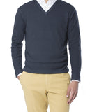 Camisola Decote em V 100% Lã Merino em Azul Escuro