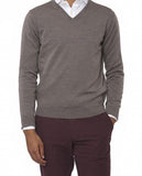 Camisola Decote em V 100% Lã Merino em Cor de Areia Escuro
