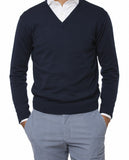 Camisola Decote em V 100% Lã Merino em Azul Escuro