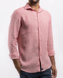 Camisa Casual 100% Linho em Cor-de-rosa Escuro