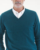 Camisola Decote em V 100% Lã em Verde Petróleo