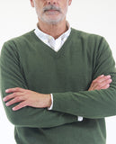 Camisola Decote em V 100% Caxemira em Verde Escuro